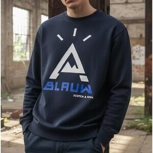 Scotch and Soda Blauw Mens Cotton Crew Neck Sweatshirt Navy Blue w Mountain - L